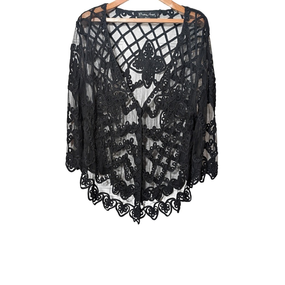 Pretty Angel Black Sheer Mesh Lace Cardigan Embroidered Boho Scalloped Hem Large